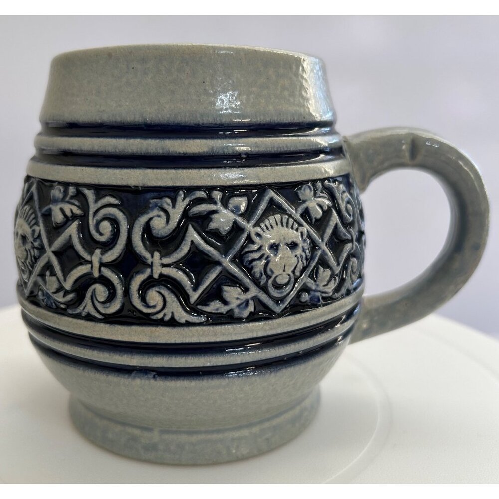 Vintage German Beer Stein Mug Lion Motif Blue / Gray Glaze Original King 620/3